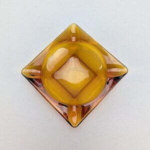 Vintage Amber Glass Ashtray Square Holds 4 Mid Century Modern MCM Home Decor